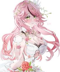 uriuritei, lan (tower of fantasy), tower of fantasy, highres, 1girl, bare  shoulders, blush, dress, flower, gloves, green eyes, hand up, lan (ivory  bloom) (tower of fantasy), looking at viewer, pink hair, rose, simple  background, solo, solo focus, wedding