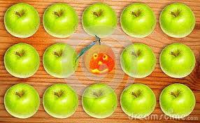 Conceptual View Of Allergic And Hypoallergic Fruits Green Apples And Smilling Orange Tangerine On Wooden Desk Green Apple Apple Fruit
