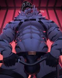 jin qiu (ru shou) (dislyte), dislyte, black headwear, highres, 1boy, abs,  animal ears, bara, black gloves, black male underwear, bulge, cancerdoge,  chest harness, dominator (bdsm), feet out of frame, foreshortening, framed  crotch,