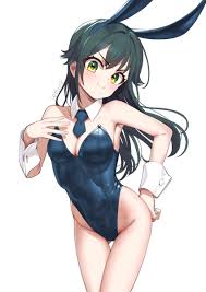 pettan p, tsukimura temari, gakuen idolmaster, idolmaster, highres, 1girl,  animal ears, armpits, breasts, buttoned cuffs, buttons, collar, gluteal  fold, green eyes, green hair, leotard, long hair, looking at viewer,  necktie, playboy bunny,