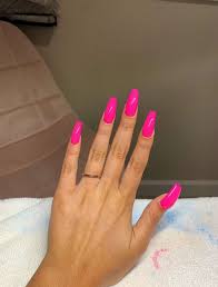 These coffin nails are painted in a bold matte blue. Hot Pink Coffin Nails Magenta Nails Neon Pink Nails Pink Acrylic Nails