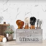 Amazon.com: Soporte de utensilios de madera rústica blanca para decoración  de encimera de cocina, organizador de utensilios extra grande, organizador  ...