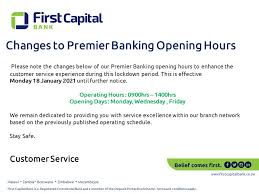012345) on which salary was being paid previously. First Capital Bank Zimbabwe On Twitter Customer Notice Changes To Premier Banking Opening Hours