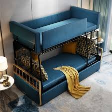 Users simply lift up the cushions, which allows the bottom of the sofa to effortlessly move. Modern Wood Bunk Bed Sleeper Sofa Blue Upholstered Convertible Sofa Bed 3 Seater Pillows Included Sofas Loveseats Living Room Furniture Furniture