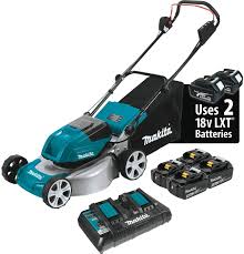 Where is the battery located on a riding lawn mower? Amazon Com Makita Xml03pt1 18v X2 36v Lxt Lithium Ion Brushless Cordless 5 0ah 18 Lawn Mower Kit With 4 Batteries Teal Garden Outdoor