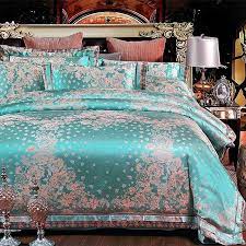 '' teal & gold ''by reyhan seran dursun. Fancy Teal And Rose Gold Floral Pattern Tropical Themed Abstract Exotic Jacquard Satin Full Queen Size Bedding Sets Enjoybedding Com