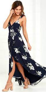 All Mine Navy Blue Floral Print High Low Wrap Dress Floral Print Maxi Dress Floral Print Chiffon Dress Fashion