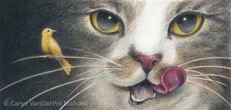 Cat With Gold Eyes Licks Lips With Yellow Canary Perched On Whiskers Funny Humorous Silly Art Reproduction Print Quot Cat Canary Cats Art Gold Eyes