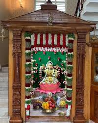 Pooja room decoration with flowers. Indian Wedding Decor Inspiration Flower Decorations Diy Goddess Decor Diy Diwali Decorations