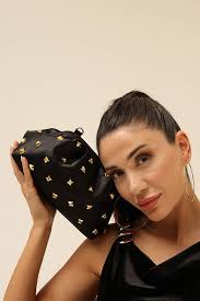 Berlesi Black Women's Satin Gold Stone Clutch Evening Dress Bag- Trendyol