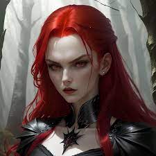 Une représentation super réaliste et très détaillée d'une grande femme  vampire de dix-sept ans aux cheveux roux éclatants., paré d'une tenue  noire élégante, présentant une expression intense et sinistre, situé au  milieu