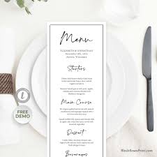 View all (27) invitations by dawn meets your wedding planning needs with wedding menu cards in a variety of styles. Classic Wedding Menu Template With Modern Calligraphy Script Font