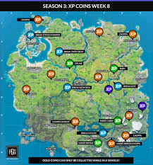 Fortnite chapter 2 season 4 has begone, and players are rapidly trying to level up their fortnite battlepass accounts to earn this season's sweet rather than simply collecting xp coins, you can participate in the ongoing nexus war story that has taken over fortnite. Season 3 Xp Coins Week 8 Map Fortnitebr
