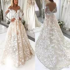 Discount 2019 Champagne A Line Wedding Dresses Illusion Blush Pink Sheer Full Lace 3d Sheer Wedding Dress Long Sleeve Wedding Dress Lace Applique Wedding Dress