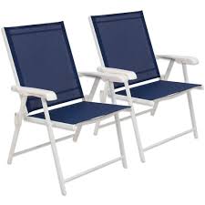 Hawthorne Folding Sling Chairs In Blue Set Of 2 Outdoor Sling Chair Beach House Furniture Outdoor Dining Chairs