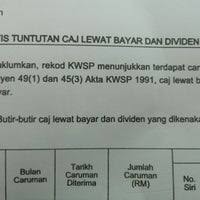 Manakala dividen akan dikreditkan ke akaun ahli mengikut tempoh bulan caruman sebenar bagi memastikan tiada kerugian dividen ke atas ahli bagi kelewatan bayaran. Caj Lewat Bayar Kwsp