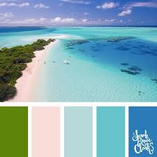 Warm Summer Colors Inspired By This Beach Scene Green Trees White Sand And Blue Waves Click For More Color C Beach Color Schemes Beach Color Color Catalog