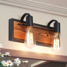 Lnc Rustic Bathroom Vanity Light Wayner 2 Light Matte Black Wood Vanity Light Modern Industrial Water Pipe Wall Sconce A03439 The Home Depot