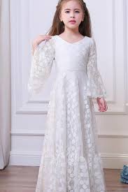 Custom Made White Long Trumpet Sleeve Lace A Line Evening Dress Kids Clothing Party Frock Flower Girl Dres Frocks For Girls Party Frocks Elegant White Dress