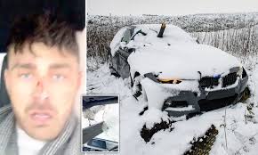 Driver survives after 6ft fence post skewers his windscreen in snow