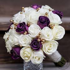 Use a gauzy lilac colored ribbon mixed with white satin ribbon to give the bouquet an elegant look. Purple Wedding Bouquet Gold Bridal Bouquet Purple And Gold Purple Wedding Bouquets Gold Wedding Flowers Purple Bridal Bouquet