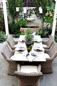 Beautiful Dining Courtyard Great Focal Point Fountain And Landscaping Beacon Bay Newport Beach Cynthia Outdoor Dining Chairs Patio Decor Outdoor Furniture