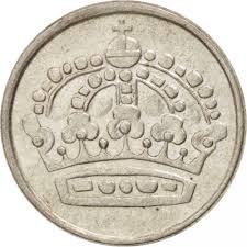 The front and back of 1 coin. 25 Ore Sweden 1952 1961 Km 824 Coinbrothers Catalog