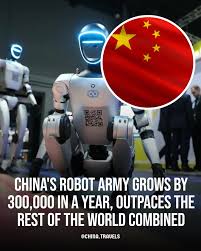 🤖 China's robot army is growing fast—300,000 new machines in just a year!  🏭 Factory Dominance: Total operational robots in China now exceed 2  million, making it the global leader in automation.