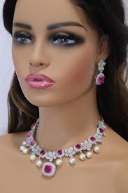 Vivi Zilver Felroze CZ Parel Diamanten Ketting Amerikaanse Diamant Set  Choker Ketting Indiase Sieraden Pakistaanse Sieraden Diamant Parel Choker: 