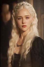 A close up of a woman with blonde hair wearing a dress