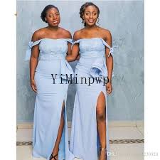 Light Sky Blue African Mermaid Bridesmaid Dresses Off Shoulder Side Split Lace Garden Bridesmaid Dresses Long Blue Unique Bridesmaid Dresses Bridesmaid Dresses