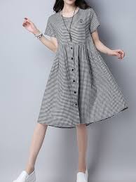 Plaid Button Short Sleeve Loose Casual Dresses Casual Dresses Simple Dresses Fashion Trend Dresses