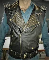 Gold Studded Vest Jacket Handmade Men Black Punk Silver Long Etsy In 2021 Leather Jacket Style Spiked Leather Jacket Leather Jacket Men