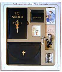 White prayer bead rosary necklace with chalice crucifix. Boys First Communion Gift Set 32198