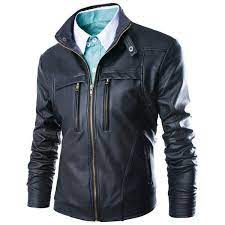 Modish Slimming Stand Collar Solid Color Zipper Design Long Sleeve Pu Leather Jacket For Men Leather Jacket Men Stylish Leather Jacket Leather Jacket