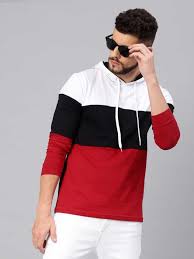 Maniac Color Block Men Hooded Black White Red T Shirt