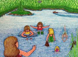 Six Sisters Swimming By Suzanne Berton Is A Drawing In Colour On Watercolour Paper It S A Memory Drawing Of My Childhood In Greater S Art Unique Art Drawings