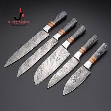 3.5 paring knife, 5 utility knife, 7 granton edge santoku knife, 8 chef's knife, 9 diamond honing steel, kitchen shears, six 4.25 henckels international forged damascus cutlery set are super premium, high performance knives. Handmade Damascus Chef Knife Set Of 5 Pcs With Grey Dollar Sheet Kitchen Knives Buy Chef Knife Chef Knife Set Chefs Knives Damascus Chef Knife Damascus Steel Chef Knife Chefs Knife Kitchen