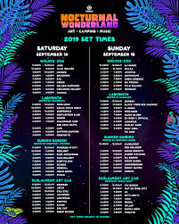 The event has been held in various locations across the west coast including seattle, san bernardino, and mountain view spanning either one or two days. Nocturnal Wonderland 2019 Set Times Festival Map Essential Info Edm Identity