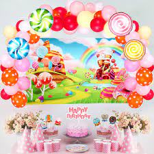 Candy themed party candy land theme birthday candy birthday parties candy crush party birthday diy candy decorations table decorations party a cotton candy themed party with light bulb marquee sign, strawberry pink milk, diy cotton candy garland, personalized chefs hats. Buy 72 Pieces Candyland Birthday Party Decorations Candyland Photography Background Candyland Birthday Backdrop Candyland Theme Cake Topper Lollipop Foil Balloons Latex Balloons For Birthday Baby Shower Online In Turkey B092vql22c