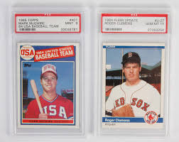 Will clark rookie card showing on top 1987 topps baseball cello pack l2. 1985 Topps Mark Mcguire 401 1984 Fleer Roger Clemens U 27 Baseball Cards Cottone Auctions