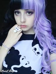 As well as bright, fun colors like this, these brands also have intense color additives that can be mixed into any of their other permanent dyes to enhance a certain. Creepy Cute Spooky Kawaii Pastel Goth Pastel Usagi Tumblr Split Dyed Hair Half Colored Hair Hair Color For Black Hair