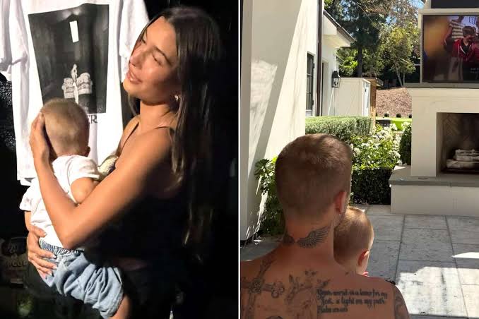 Justin Bieber Watches His Documentary with Son Jack Blues