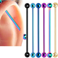 Two piercings are made, one fairly close to the head and the second further down the helix, on the opposite side of the ear. 316l Anodized Industrial Barbell 16g