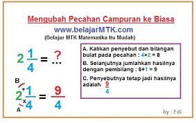 Pecahan merupakan bentuk matematika yang terdiri dari pembilang dan penyebut. Mengubah Pecahan Campuran Ke Pecahan Biasa Dan Sebaliknya