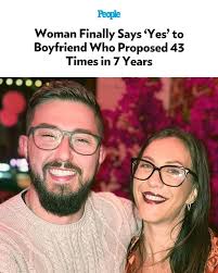 A woman said "yes" to her boyfriend — after his 43rd proposal. Sarah turned  him down the first time because the U.K. couple had only been dating for  six months. Reflecting on