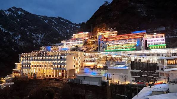 On the occasion of Republic Day, the sacred Bhawan of Shri Mata Vaishno Devi  shines majestically in the tricolour glow amidst the snow-clad Trikuta  Hills.