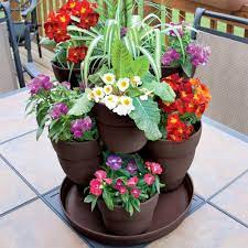 Emsco 13 In 3 Tier Resin Flower And Herb Vertical Gardening Planter In Brown 2385 1 The Home Depot Flower Pot Tower Stacked Flower Pots Patio Flower Pots