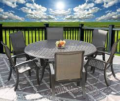 This patio set includes 1 round table and 4 chairs, meets all of your outdoor furniture needs, adding style to your space without sacrificing comfort. Barbados Sling Outdoor Patio 7pc Dining Set For 6 Person With 71 Round Table Series 5000 Antique Bronze Finish Zenpatio
