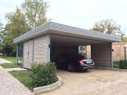 Garden Cube Stylish Modern Carport Flat Roof Tech Design Panoramic Glazing Paneling Planking Is Larch Avtomobilnyj Naves Ploskaya Krysha Dom